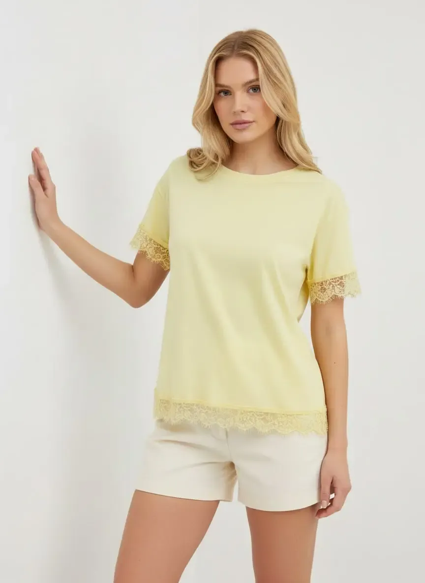 26006 %100 Pamuk Bisiklet Yaka Dantel Detay Salaş Penye Bluz