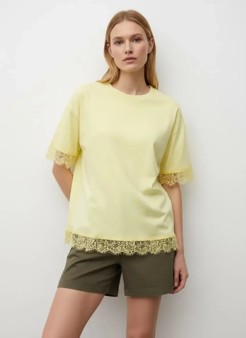 26006 %100 Pamuk Bisiklet Yaka Dantel Detay Salaş Penye Bluz