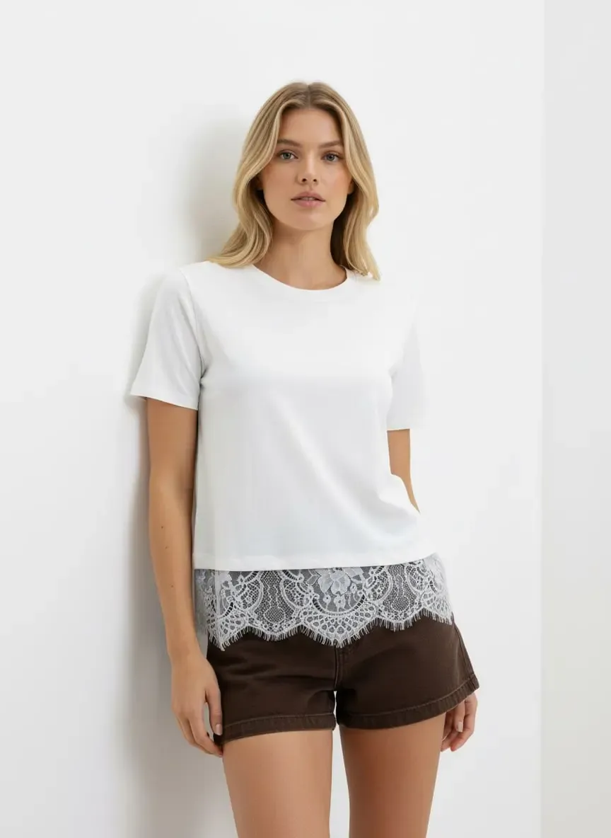 Kadın Bisiklet Yaka Dantel Detay Viskon Penye Bluz 13008