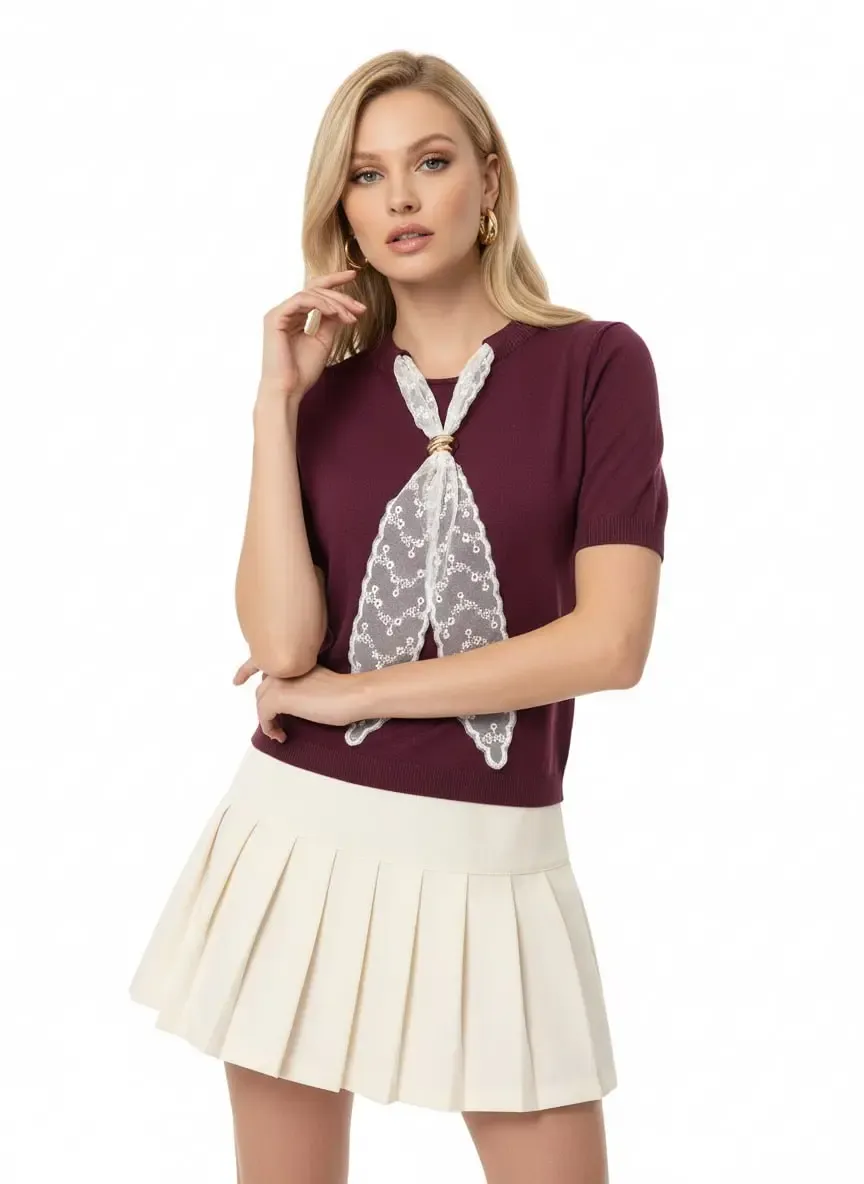 Kadın Bisiklet Yaka Dantel Fular Detay Triko Kazak 12424