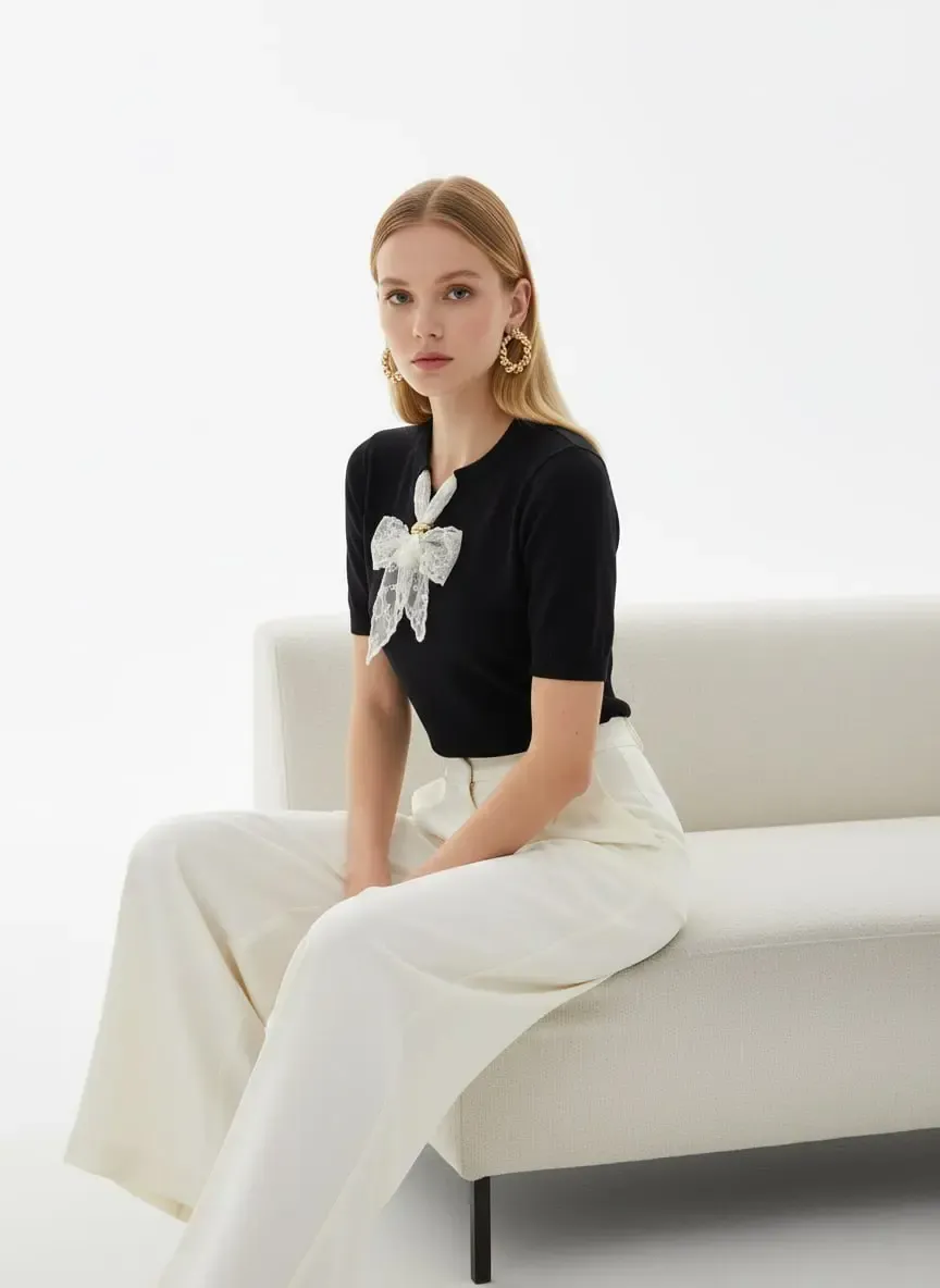 Kadın Bisiklet Yaka Dantel Fular Detay Triko Kazak 12424