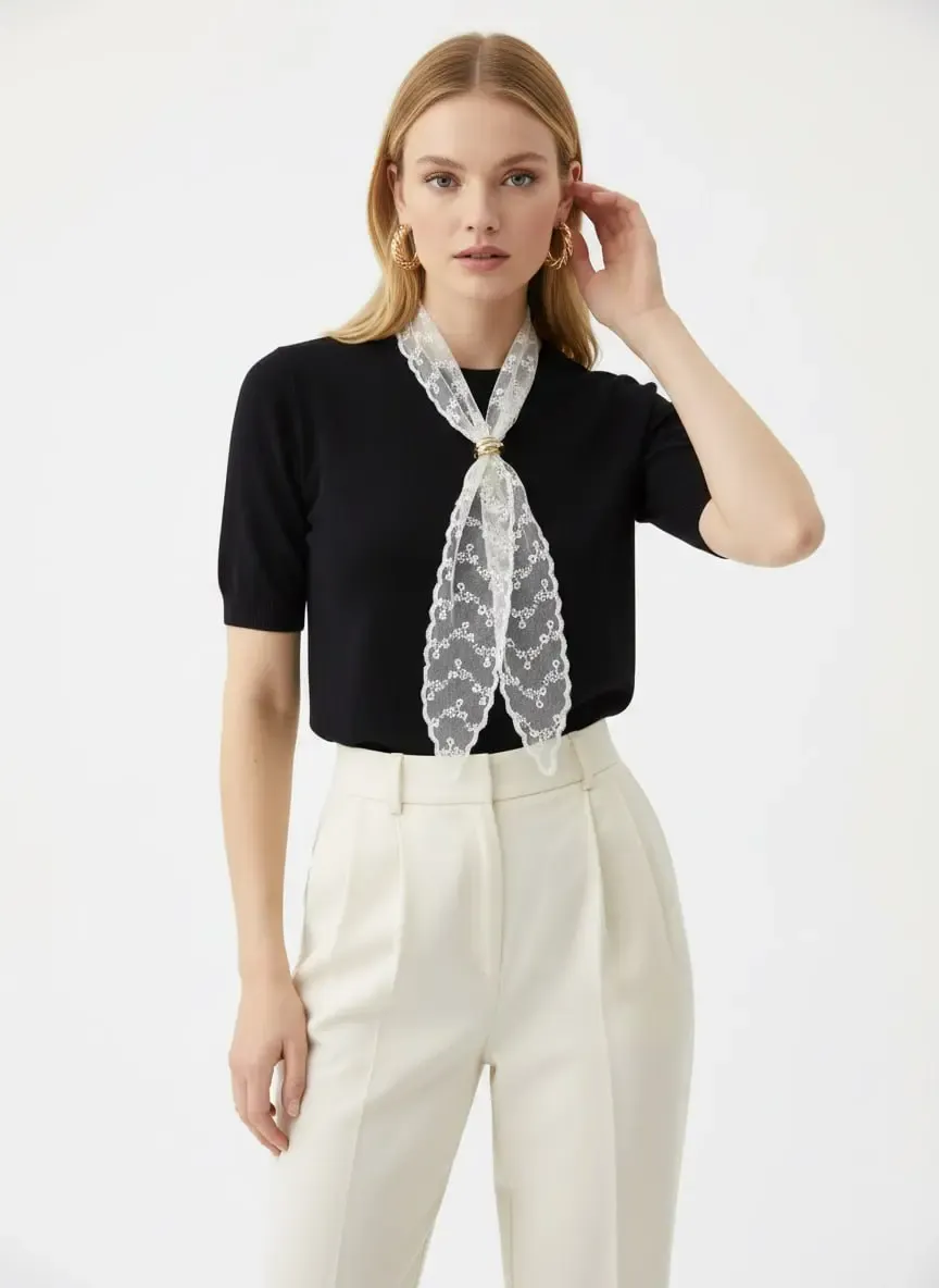 Kadın Bisiklet Yaka Dantel Fular Detay Triko Kazak 12424