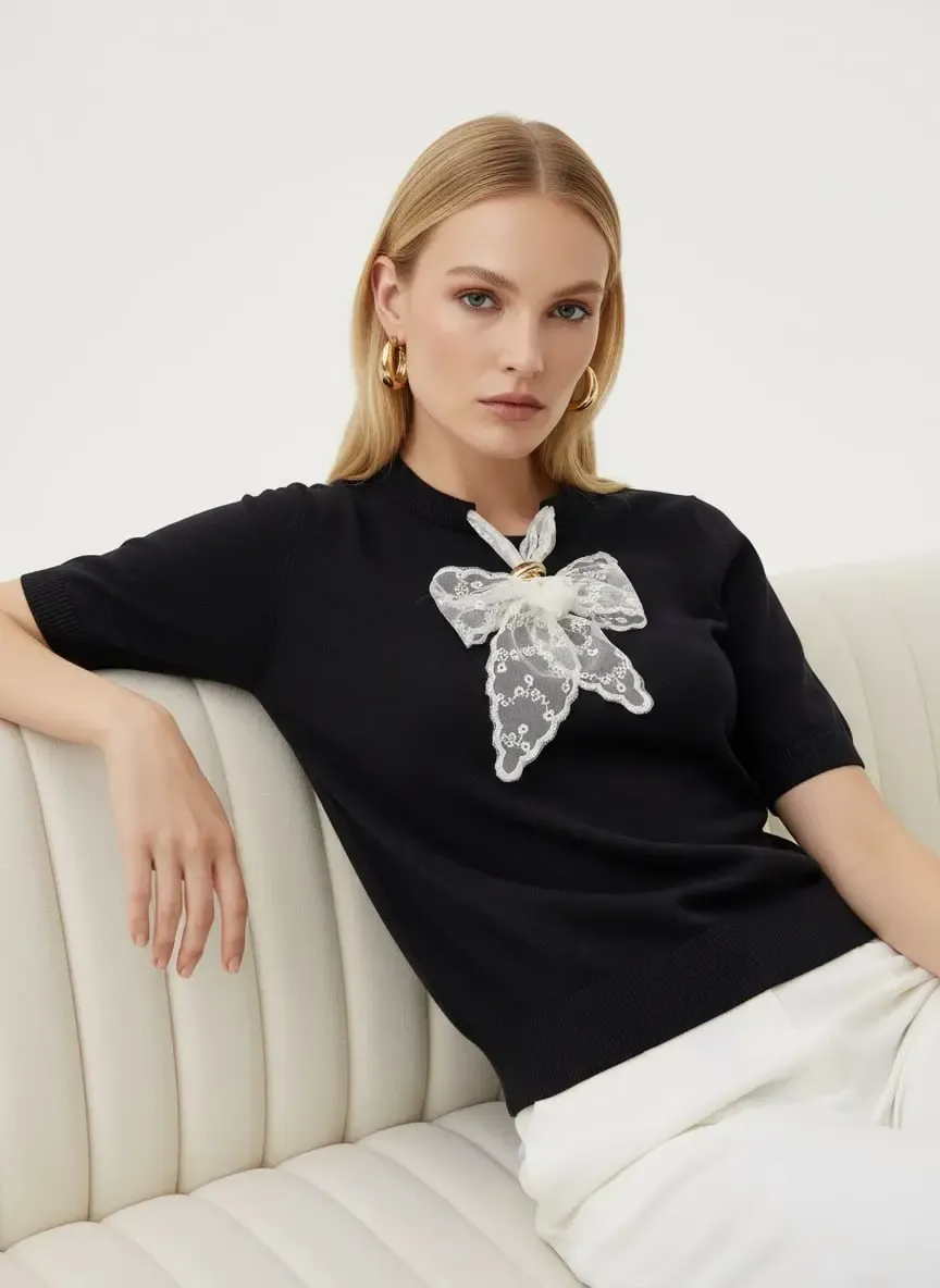 Kadın Bisiklet Yaka Dantel Fular Detay Triko Kazak 12424