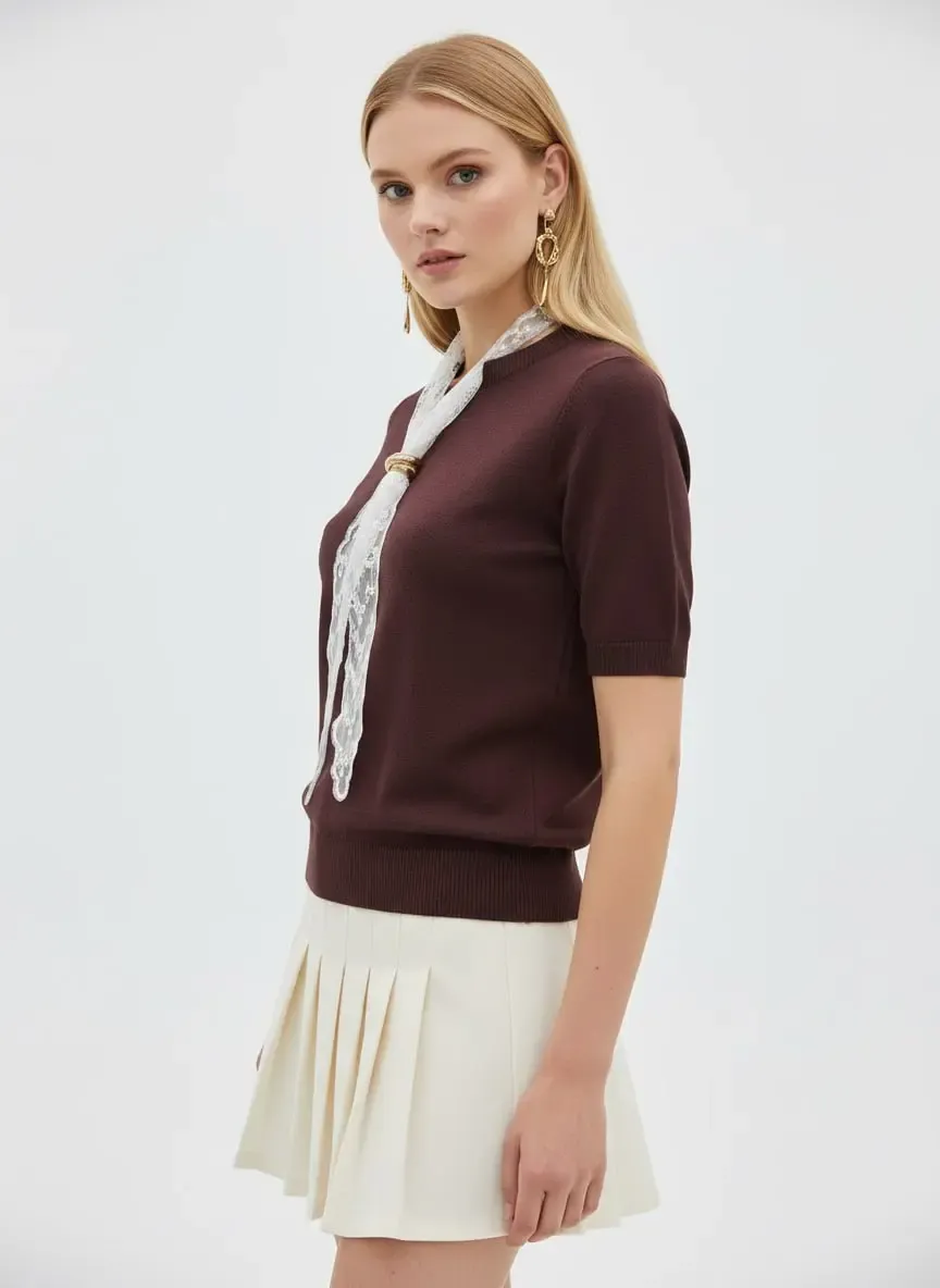 Kadın Bisiklet Yaka Dantel Fular Detay Triko Kazak 12424