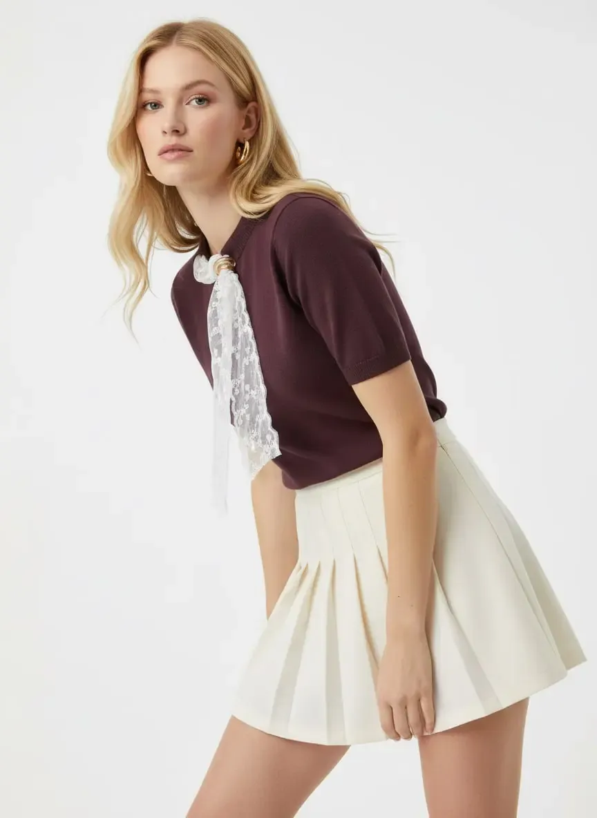 Kadın Bisiklet Yaka Dantel Fular Detay Triko Kazak 12424