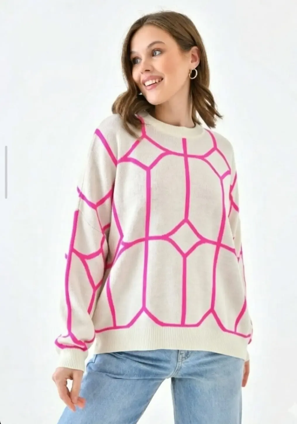 Kadın Bisiklet Yaka Desenli Oversize Triko Kazak 224403