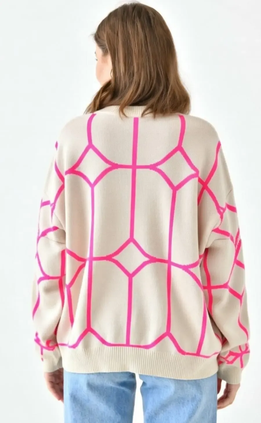 Kadın Bisiklet Yaka Desenli Oversize Triko Kazak 224403