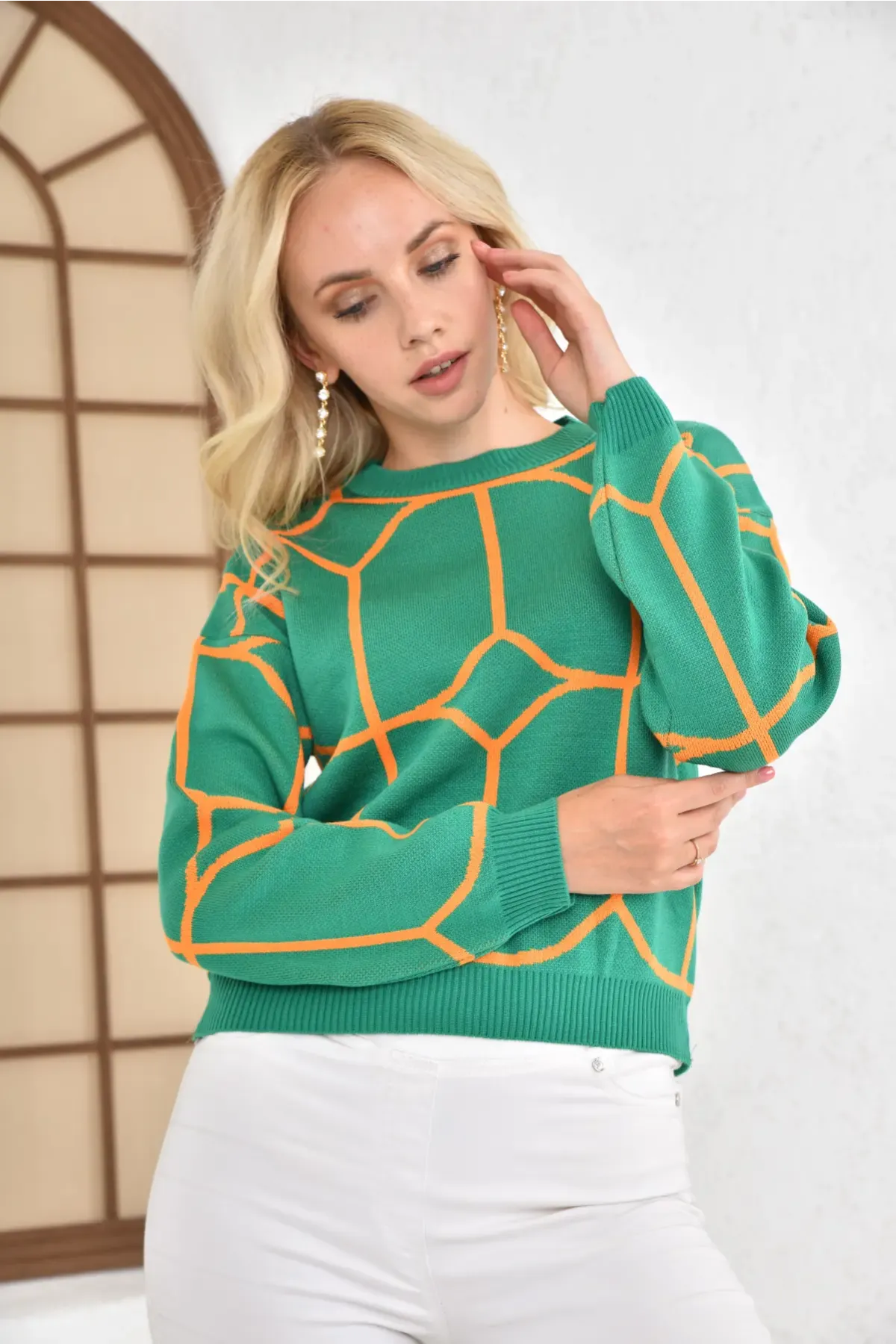 Kadın Bisiklet Yaka Desenli Triko Kazak