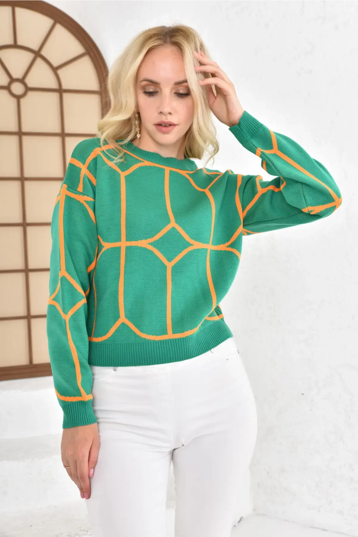 Kadın Bisiklet Yaka Desenli Triko Kazak