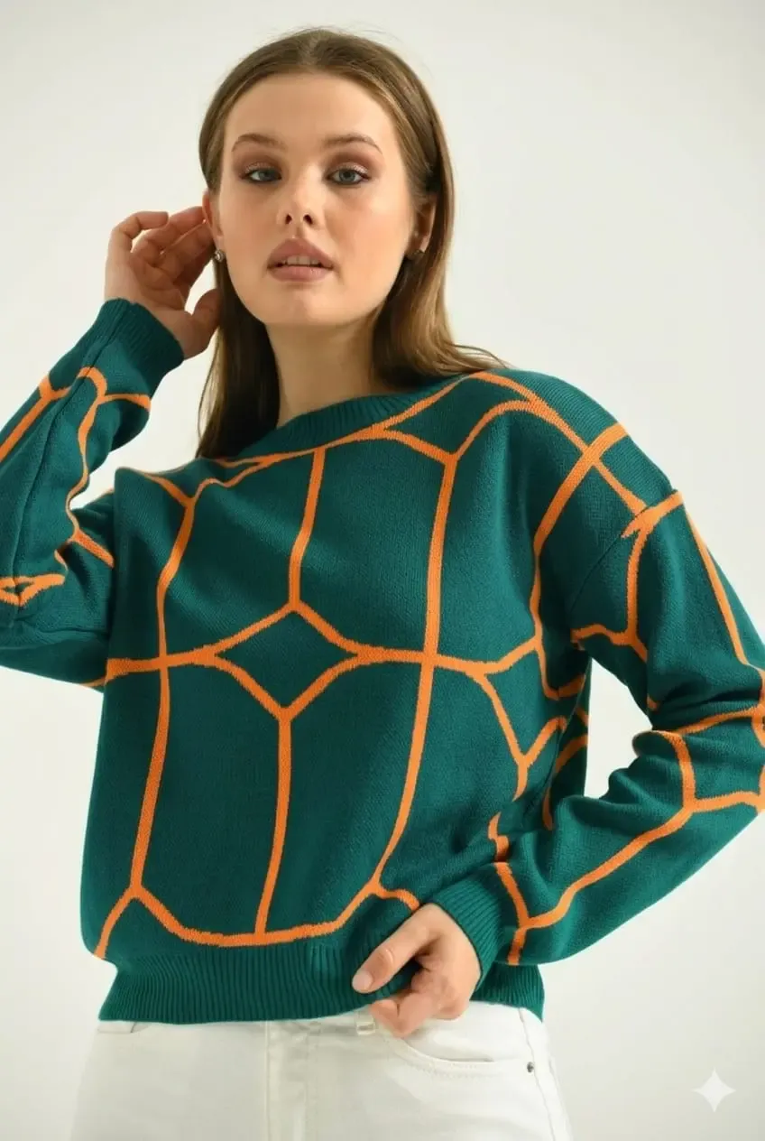 Kadın Bisiklet Yaka Desenli Triko Kazak