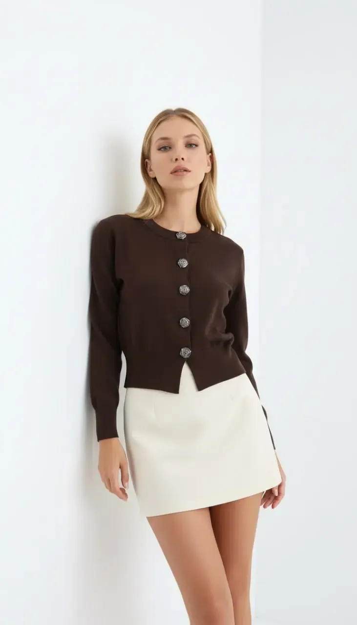 Kadın Bisiklet Yaka Düğme Detylı  Premium İplik Triko Ceket 12319.Crs