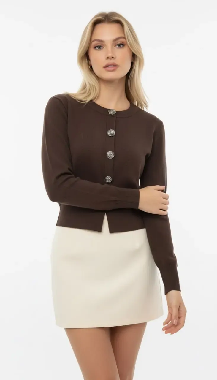 Kadın Bisiklet Yaka Düğme Detylı  Premium İplik Triko Ceket 12319.Crs