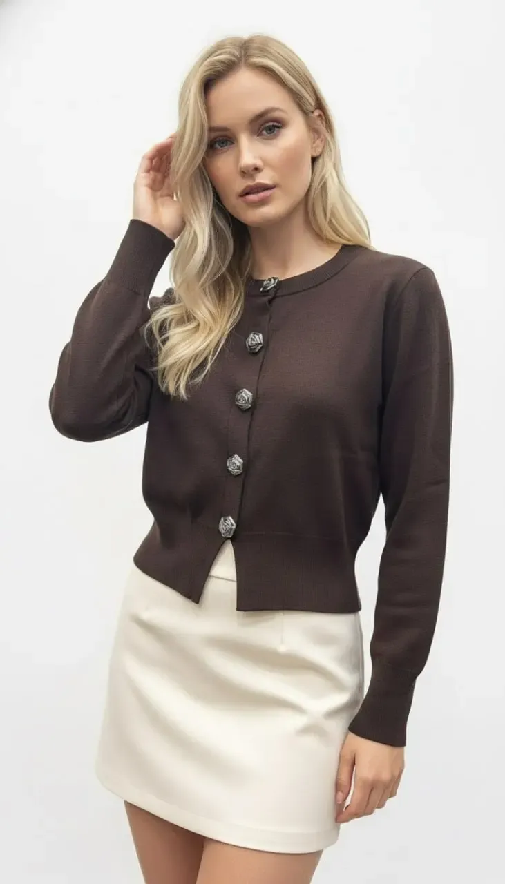 Kadın Bisiklet Yaka Düğme Detylı  Premium İplik Triko Ceket 12319.Crs