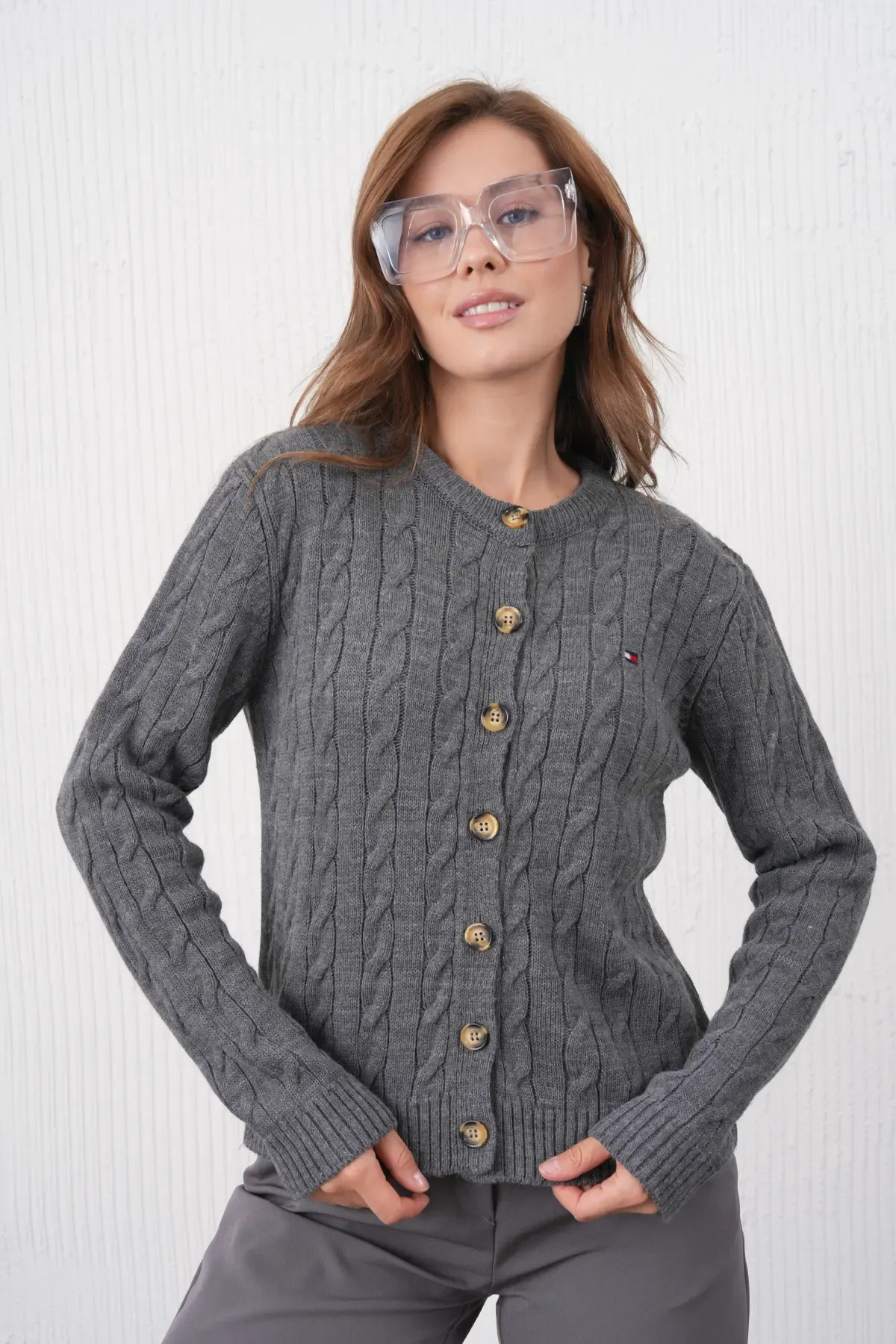 Kadın Bisiklet Yaka Düğme Kapama Saç Örgü Triko Ceket 8618