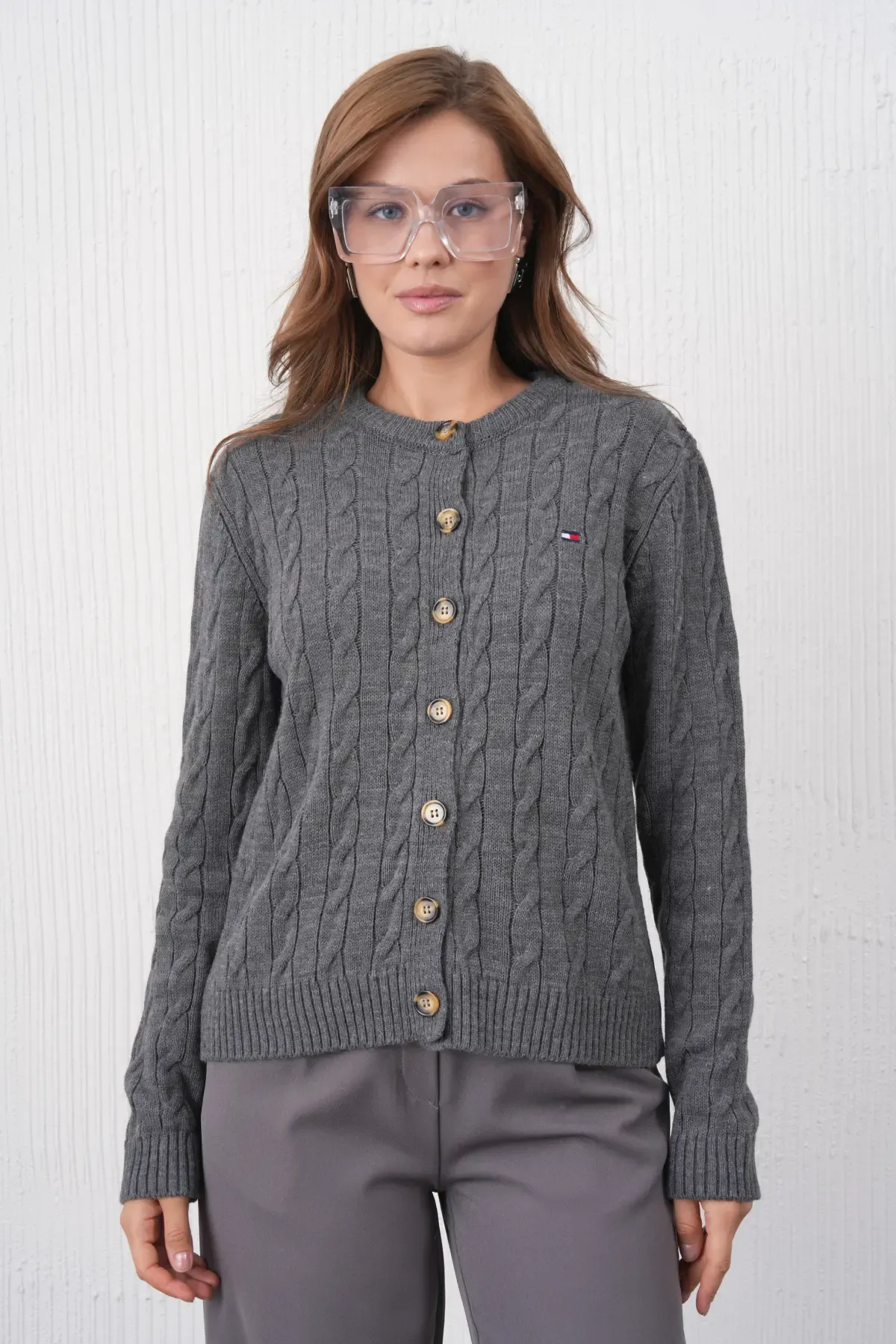 Kadın Bisiklet Yaka Düğme Kapama Saç Örgü Triko Ceket 8618