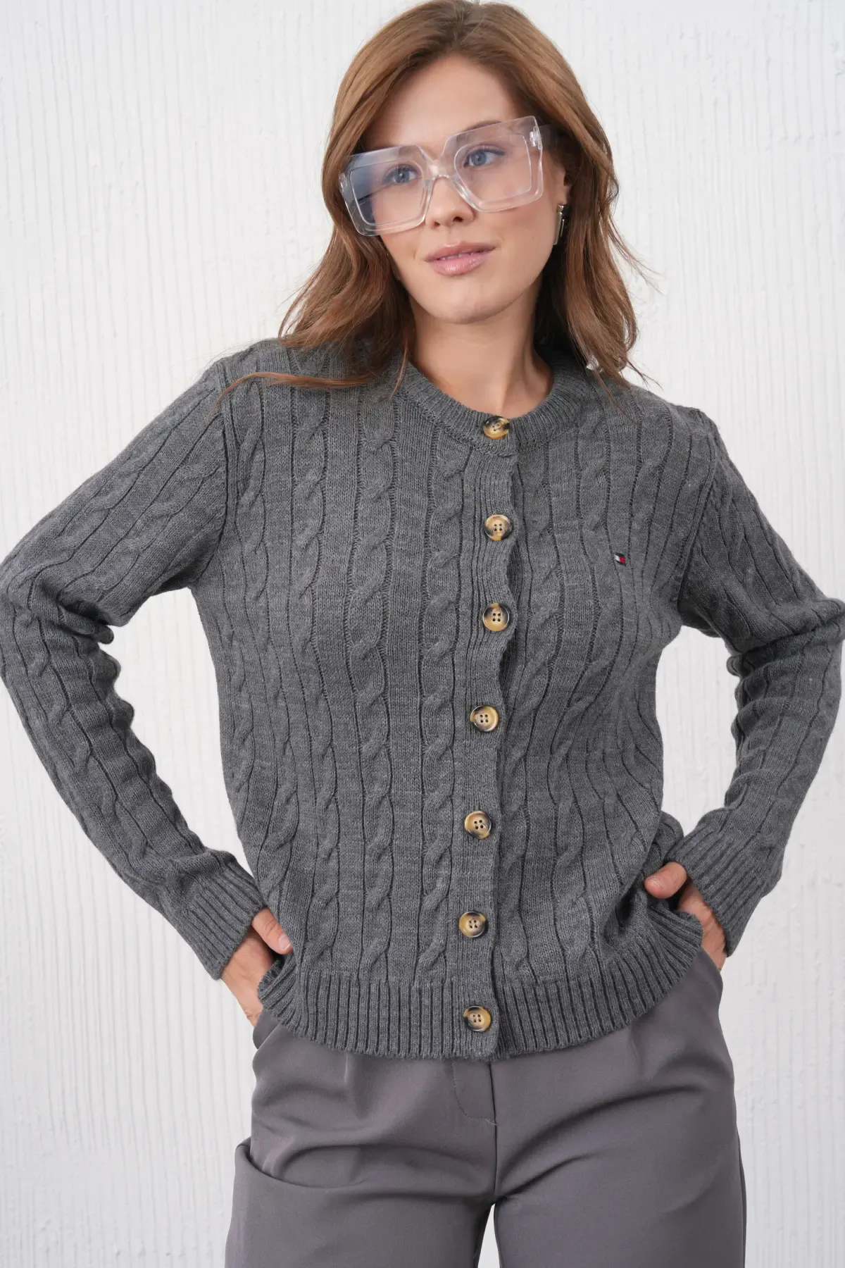 Kadın Bisiklet Yaka Düğme Kapama Saç Örgü Triko Ceket 8618