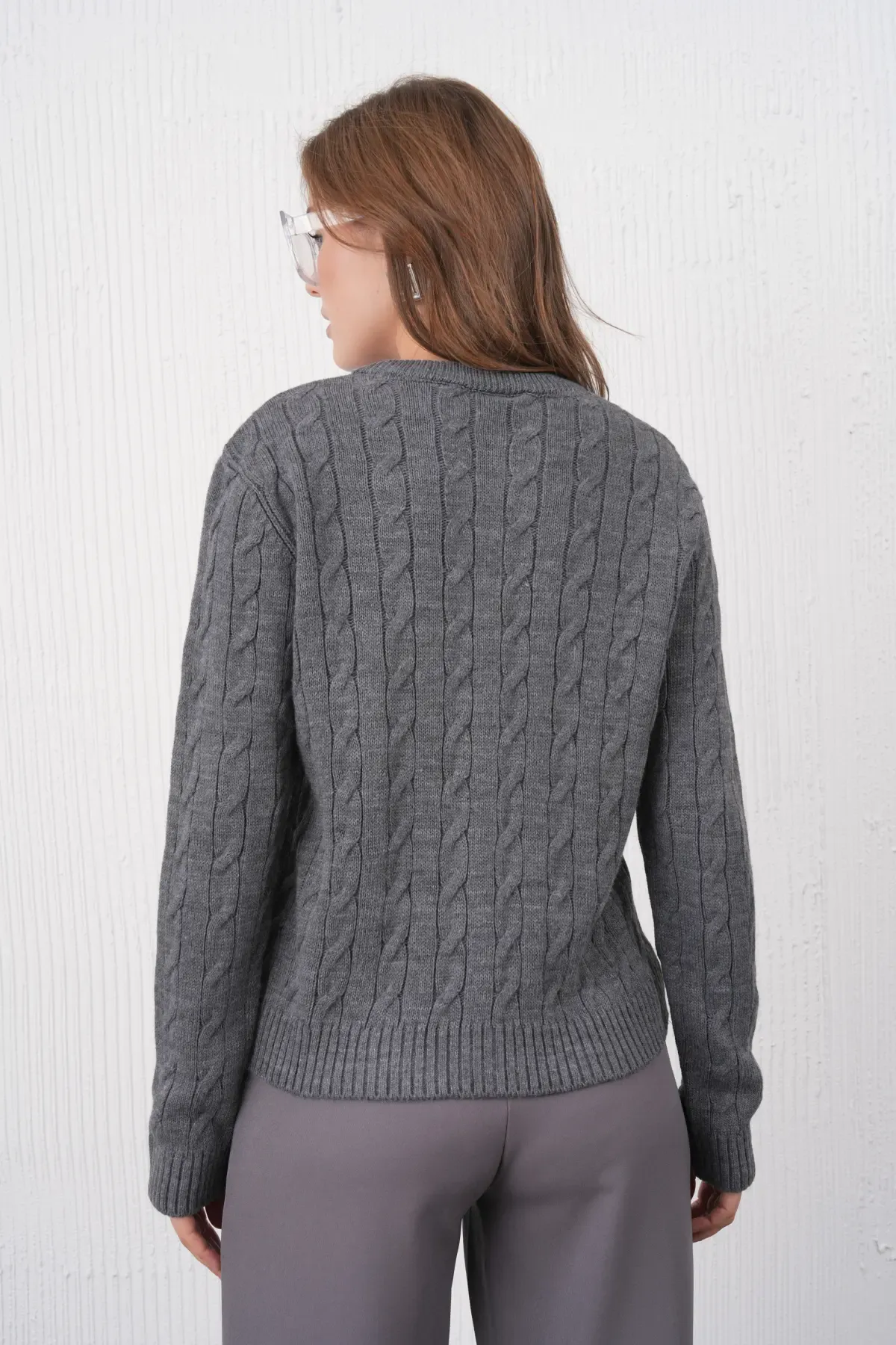 Kadın Bisiklet Yaka Düğme Kapama Saç Örgü Triko Ceket 8618