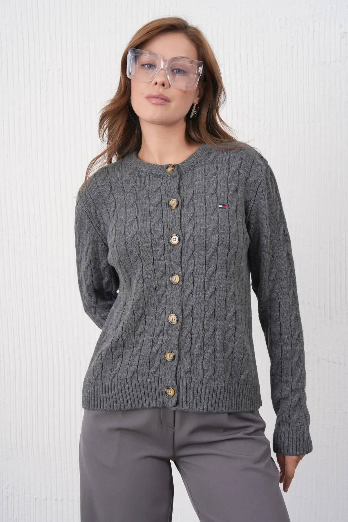 Kadın Bisiklet Yaka Düğme Kapama Saç Örgü Triko Ceket 8618