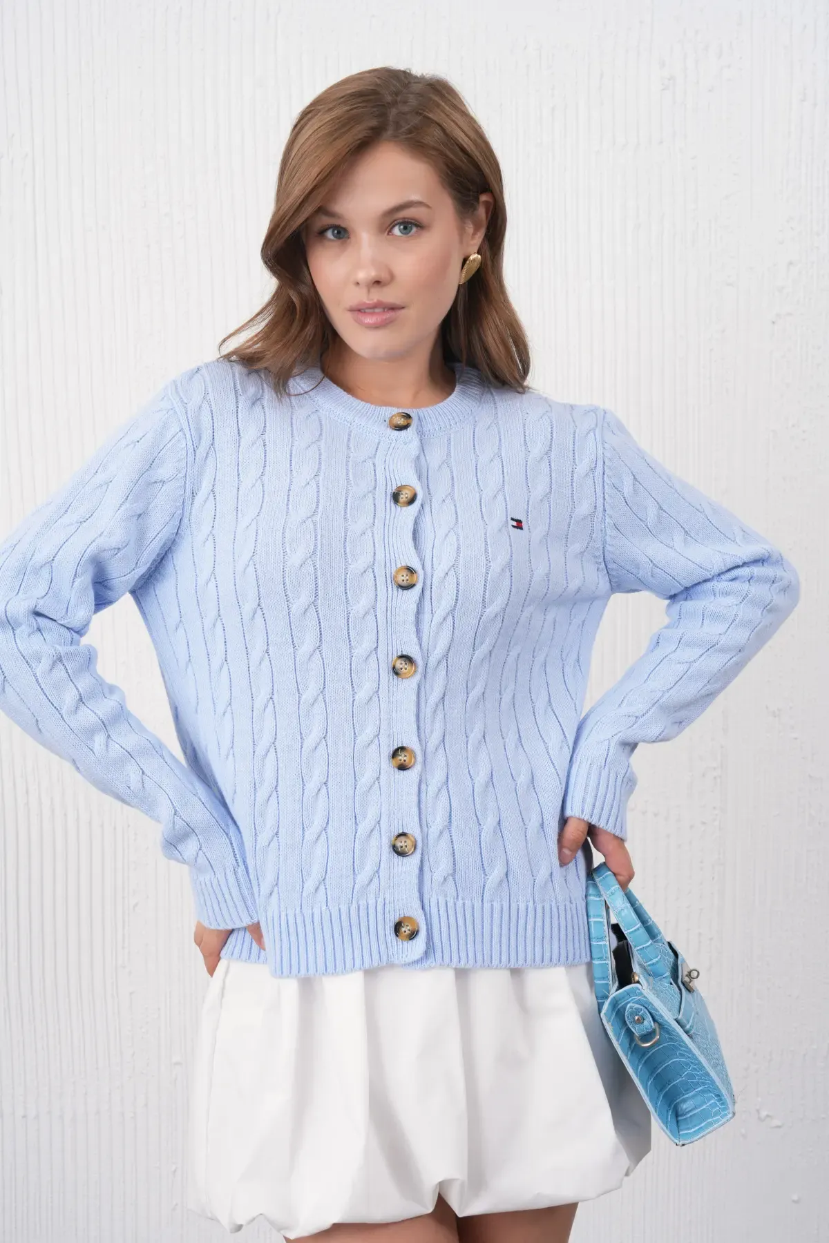 Kadın Bisiklet Yaka Düğme Kapama Saç Örgü Triko Ceket 8618