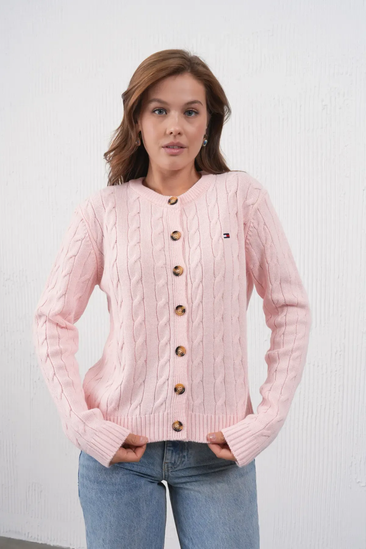 Kadın Bisiklet Yaka Düğme Kapama Saç Örgü Triko Ceket 8618