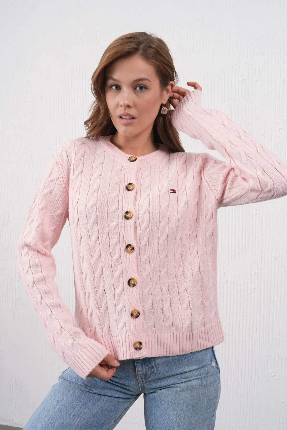 Kadın Bisiklet Yaka Düğme Kapama Saç Örgü Triko Ceket 8618