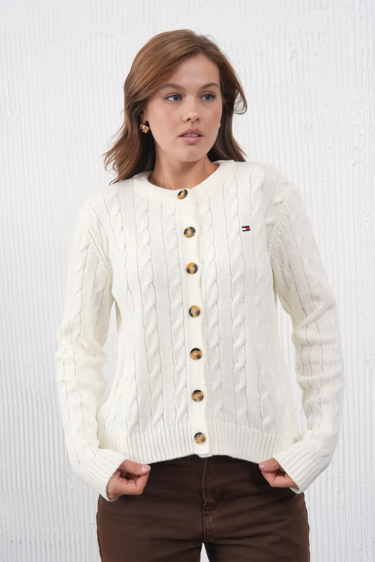 Kadın Bisiklet Yaka Düğme Kapama Saç Örgü Triko Ceket 8618