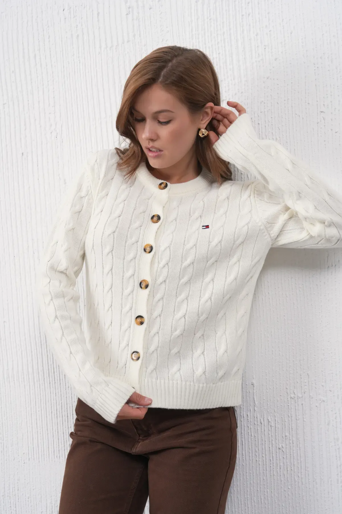 Kadın Bisiklet Yaka Düğme Kapama Saç Örgü Triko Ceket 8618