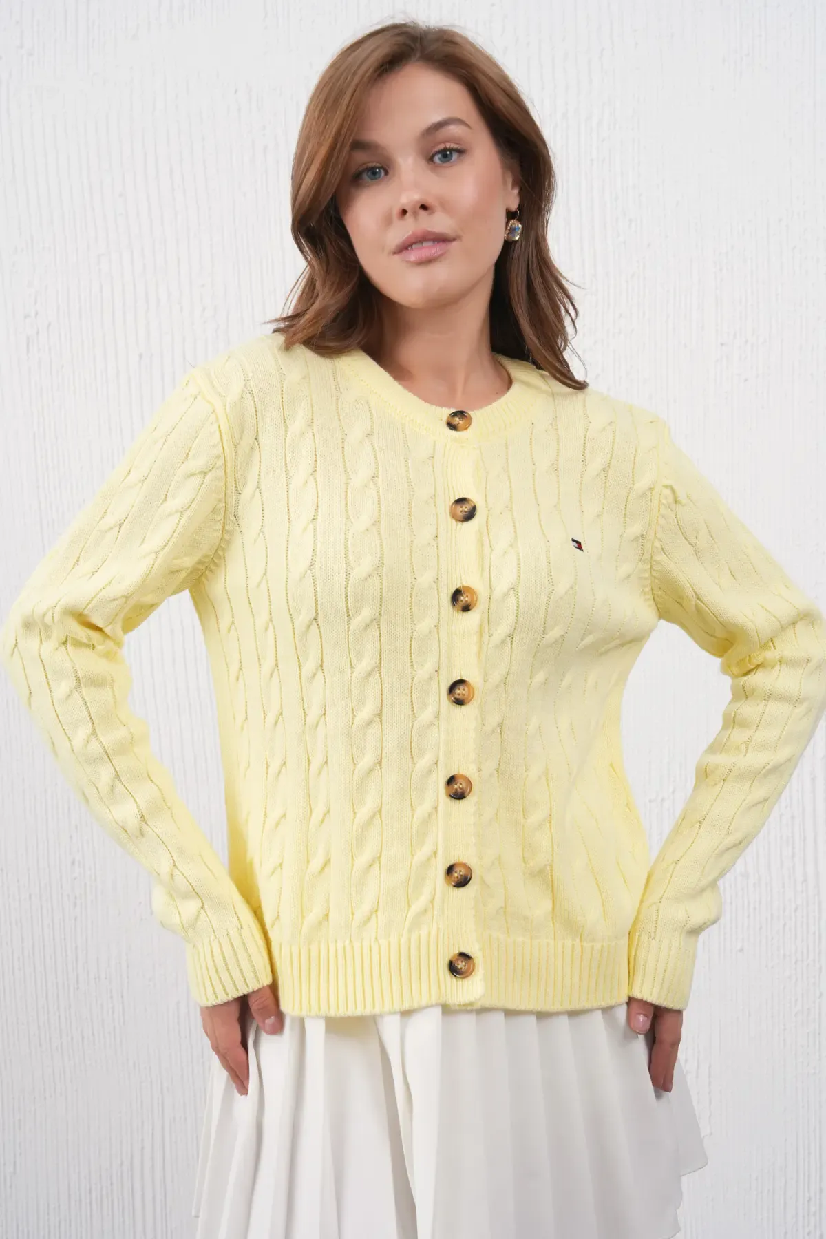 Kadın Bisiklet Yaka Düğme Kapama Saç Örgü Triko Ceket 8618