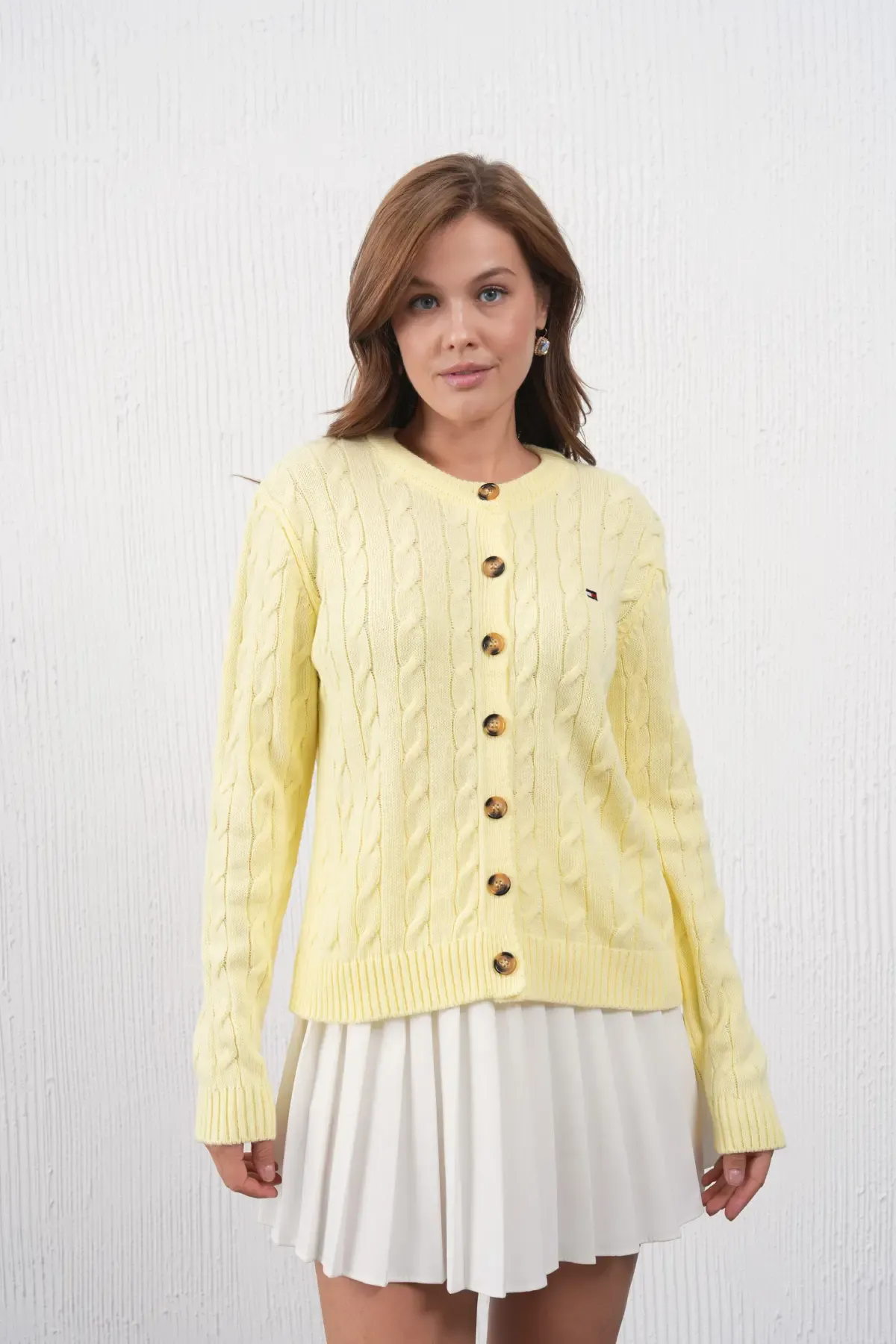 Kadın Bisiklet Yaka Düğme Kapama Saç Örgü Triko Ceket 8618