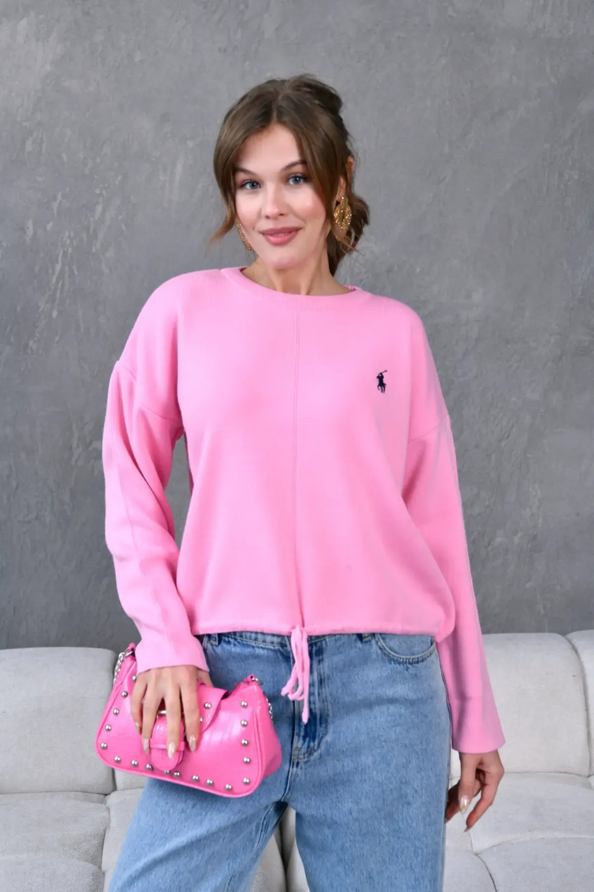 Kadın Bisiklet Yaka Eteği Bağcıklı Triko Kazak 10903