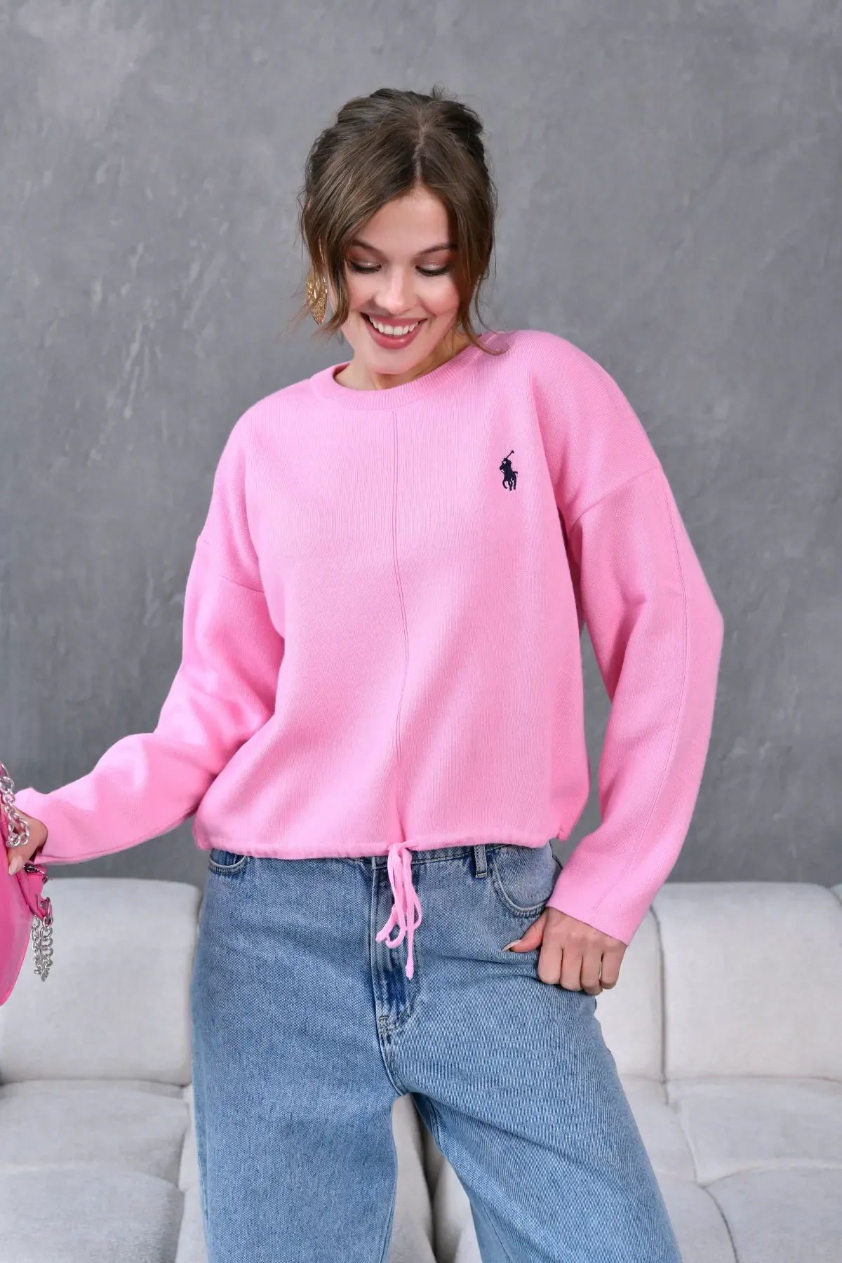 Kadın Bisiklet Yaka Eteği Bağcıklı Triko Kazak 10903