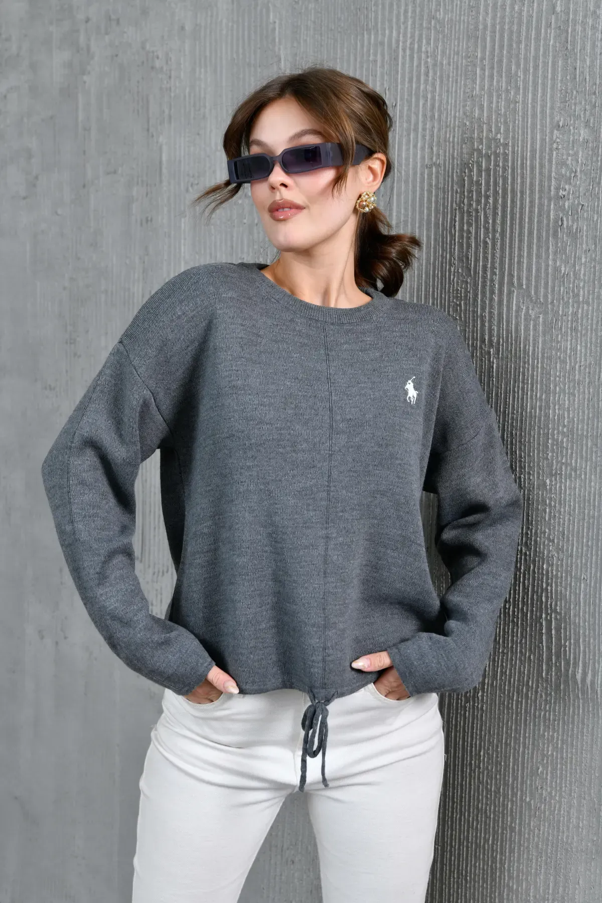 Kadın Bisiklet Yaka Eteği Bağcıklı Triko Kazak 10903