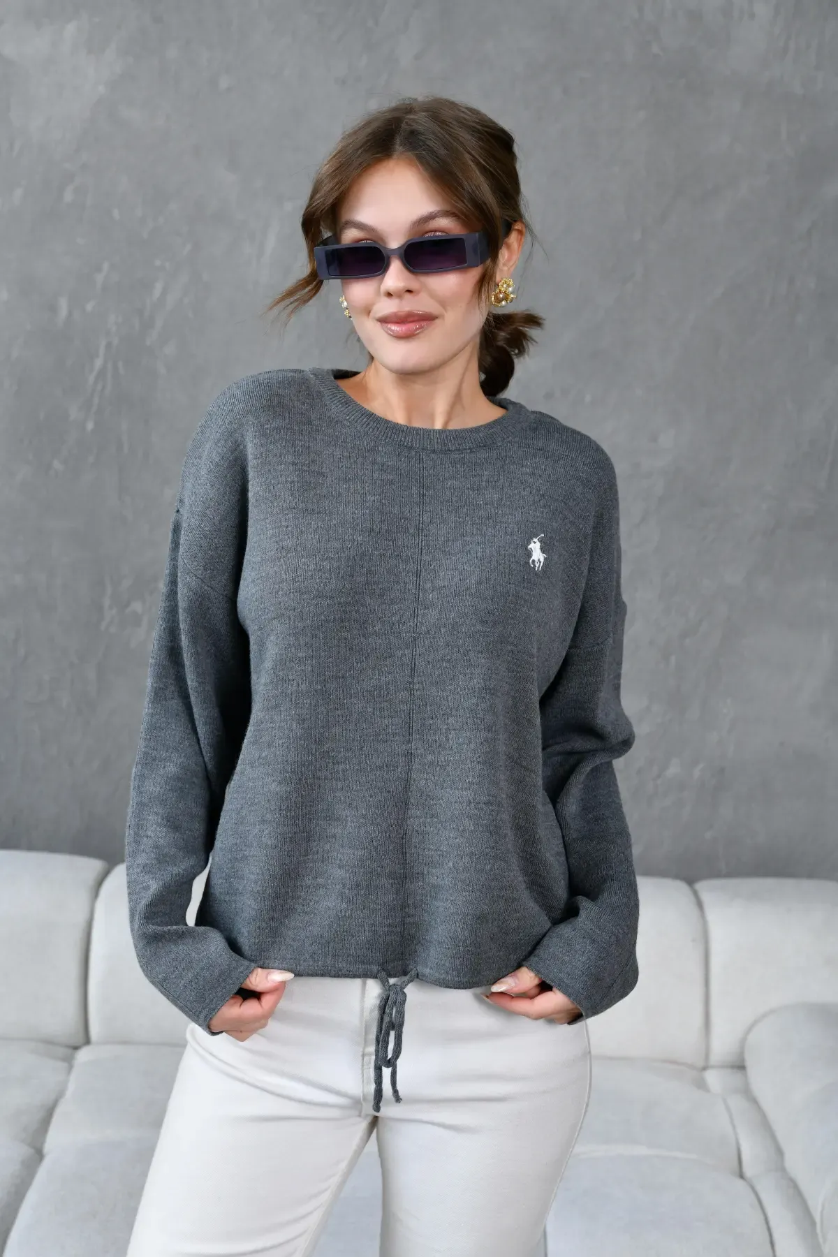 Kadın Bisiklet Yaka Eteği Bağcıklı Triko Kazak 10903