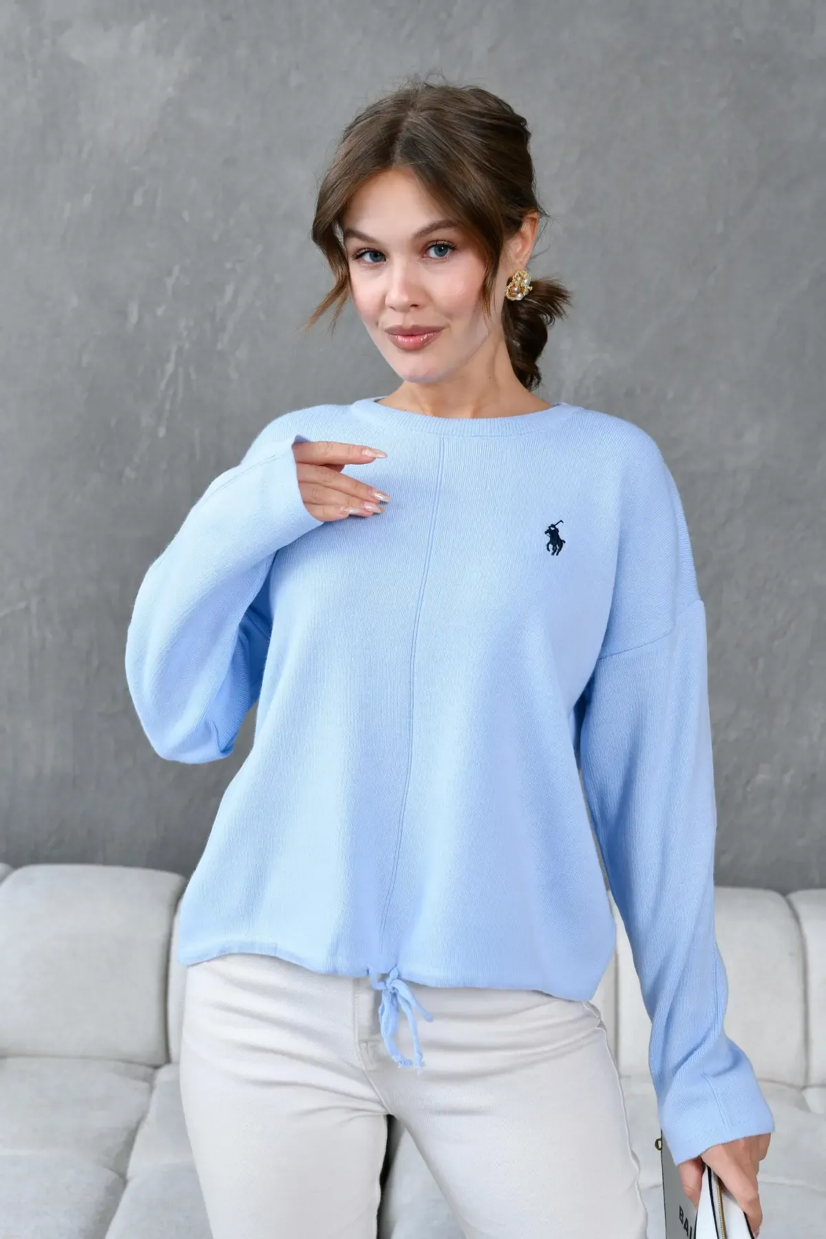 Kadın Bisiklet Yaka Eteği Bağcıklı Triko Kazak 10903