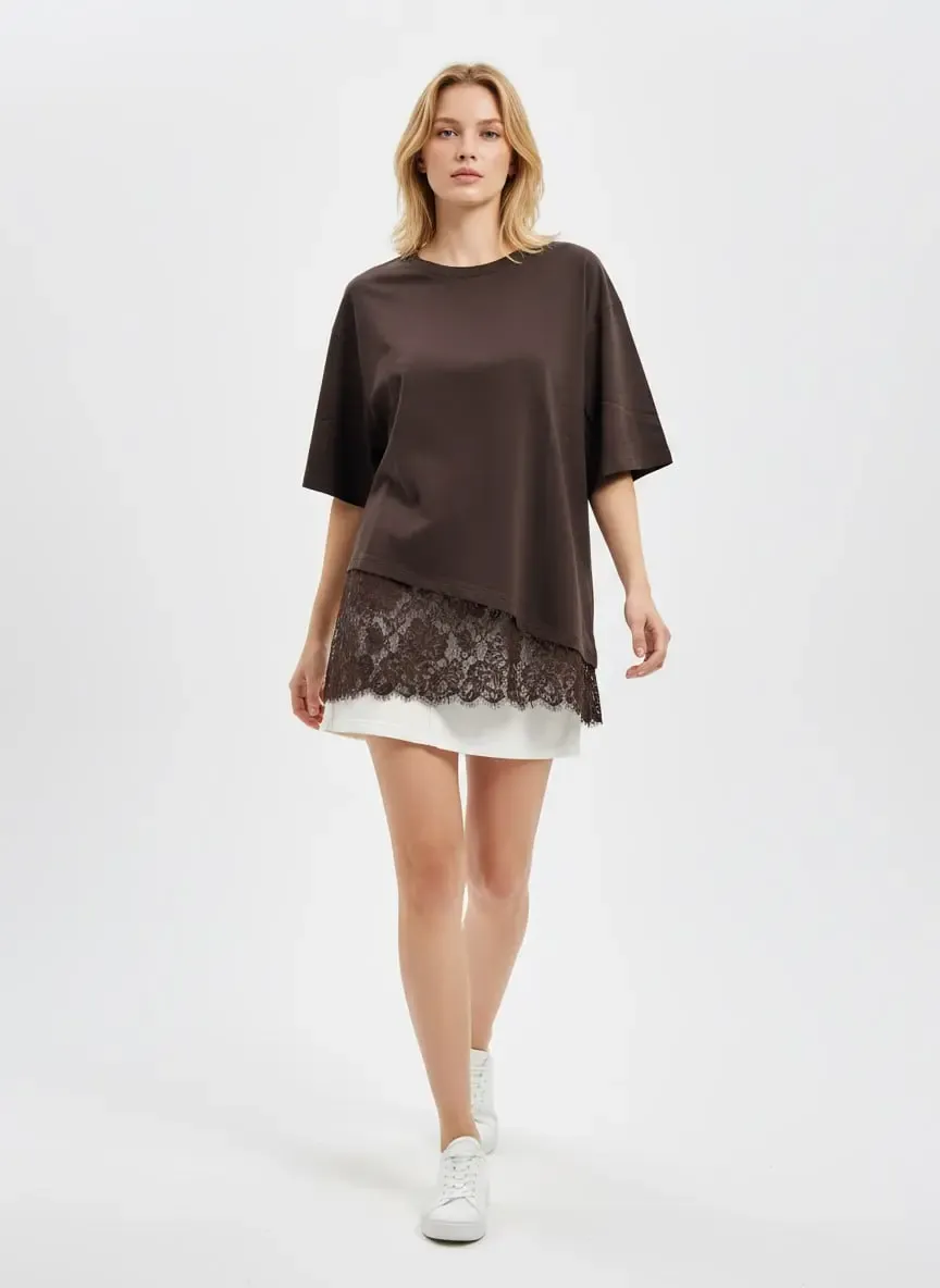 Kadın Bisiklet Yaka Eteği Dantel Detaylı %100 Cotton Penye Bluz 13009