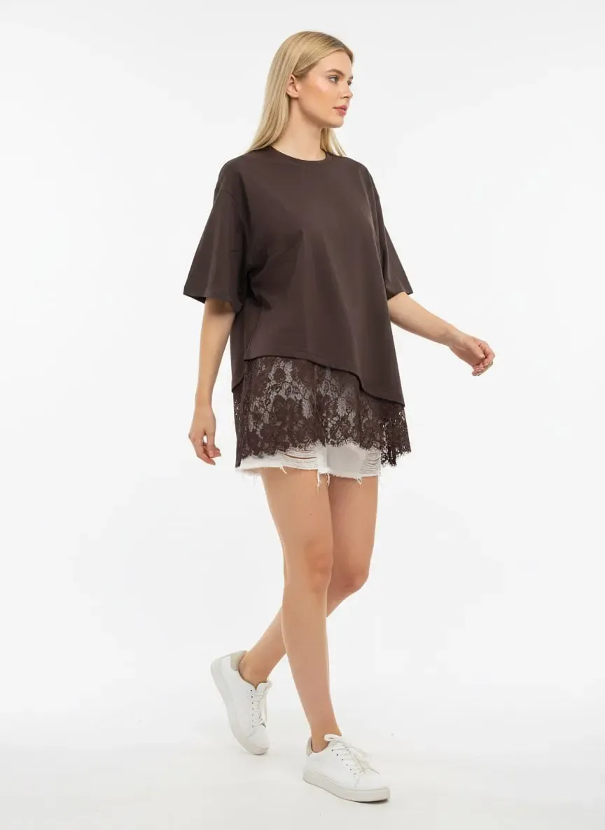 Kadın Bisiklet Yaka Eteği Dantel Detaylı %100 Cotton Penye Bluz 13009