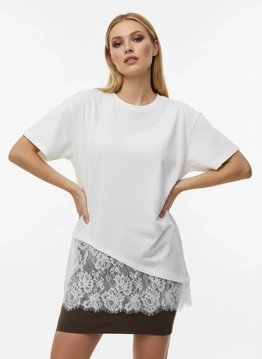 Kadın Bisiklet Yaka Eteği Dantel Detaylı %100 Cotton Penye Bluz 13009