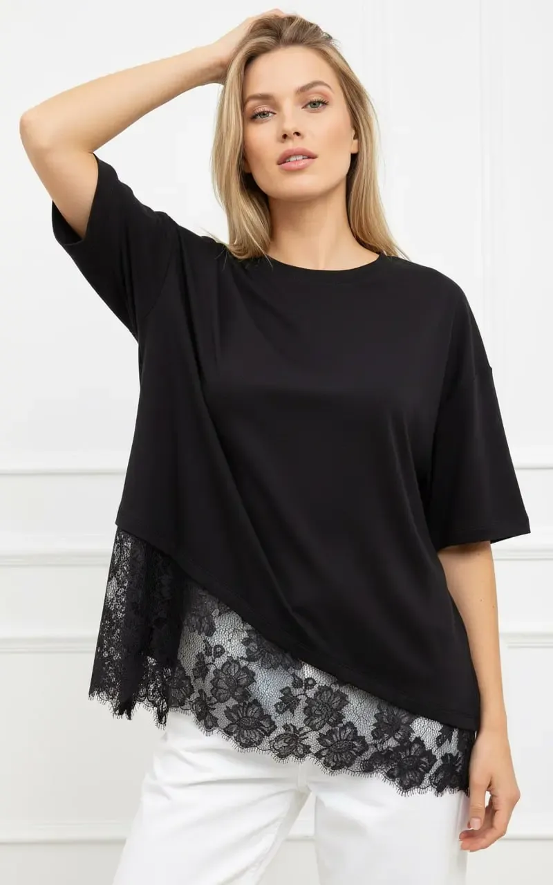 Kadın Bisiklet Yaka Eteği Dantel Detaylı %100 Cotton Penye Bluz 13009