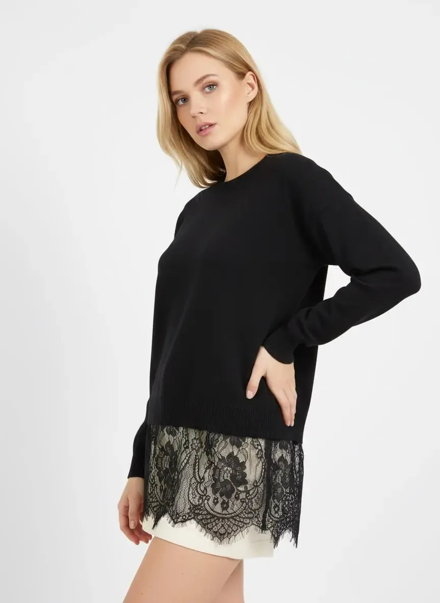 Kadın Bisiklet Yaka Eteği Dantelli Triko Kazak 12423