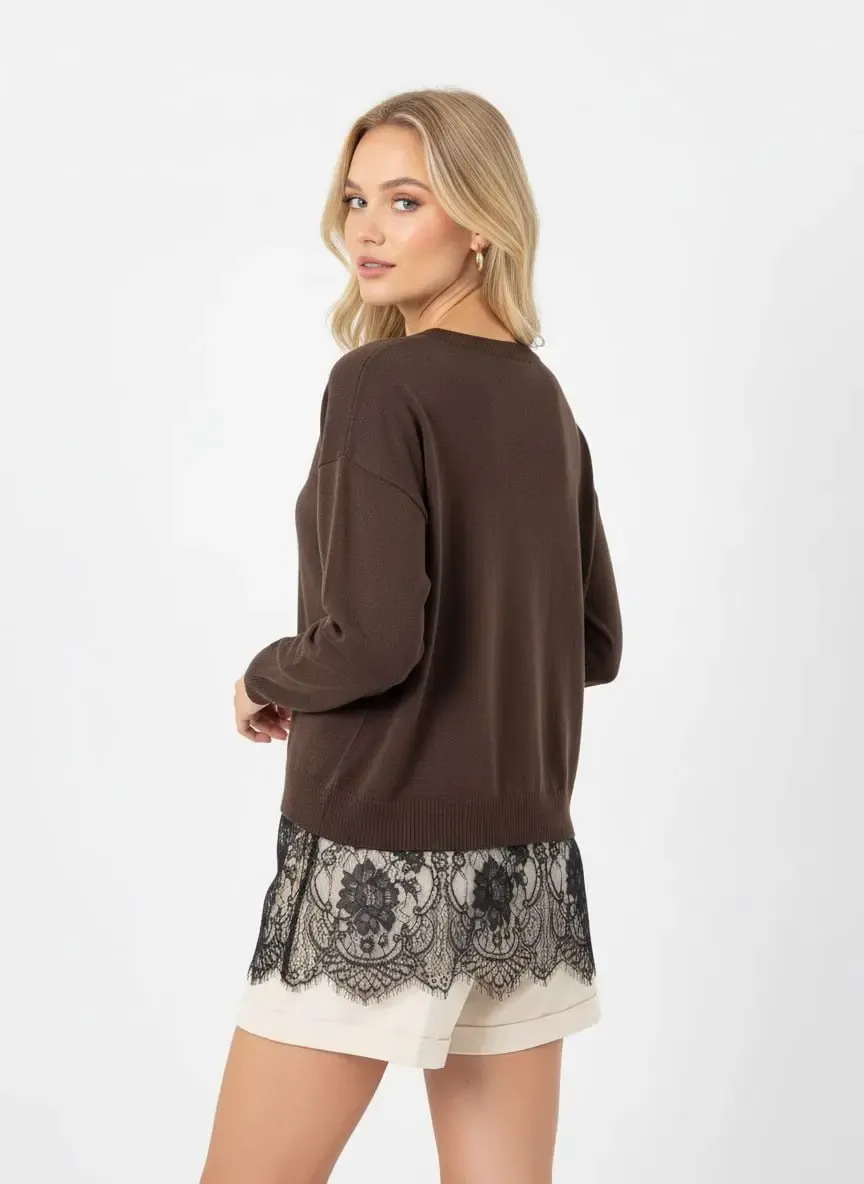 Kadın Bisiklet Yaka Eteği Dantelli Triko Kazak 12423