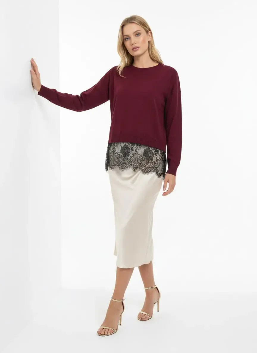 Kadın Bisiklet Yaka Eteği Dantelli Triko Kazak 12423