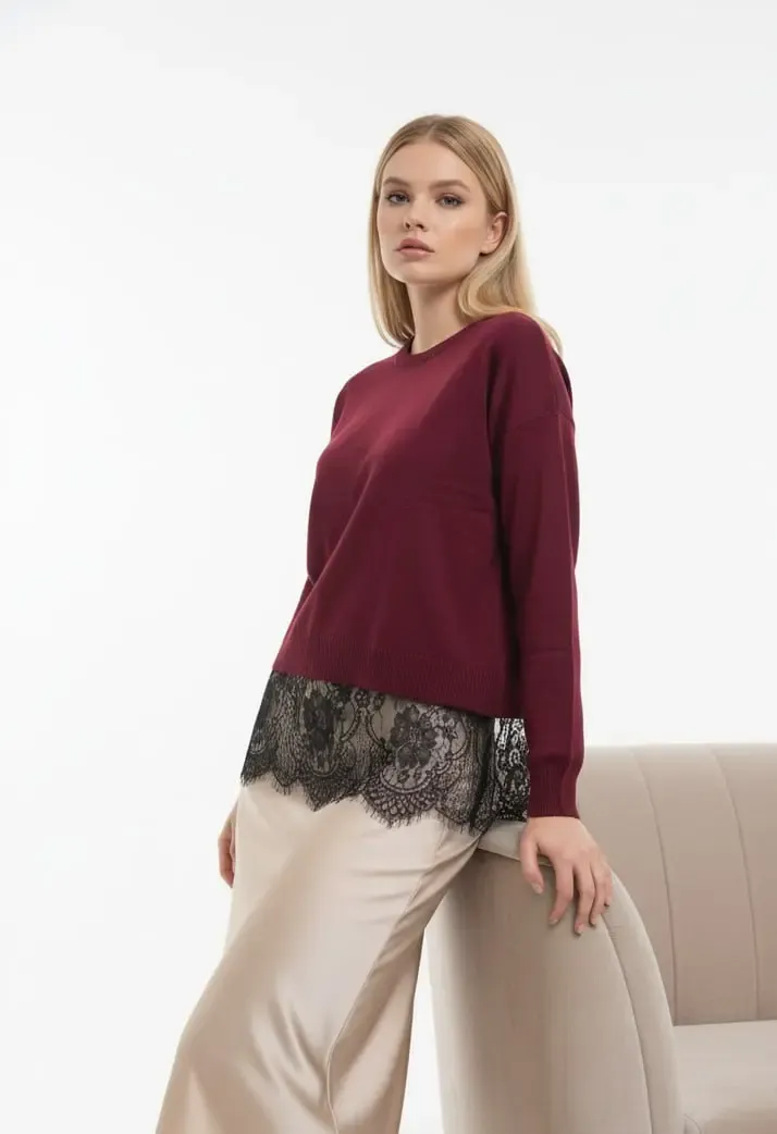 Kadın Bisiklet Yaka Eteği Dantelli Triko Kazak 12423