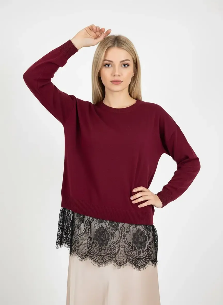 Kadın Bisiklet Yaka Eteği Dantelli Triko Kazak 12423