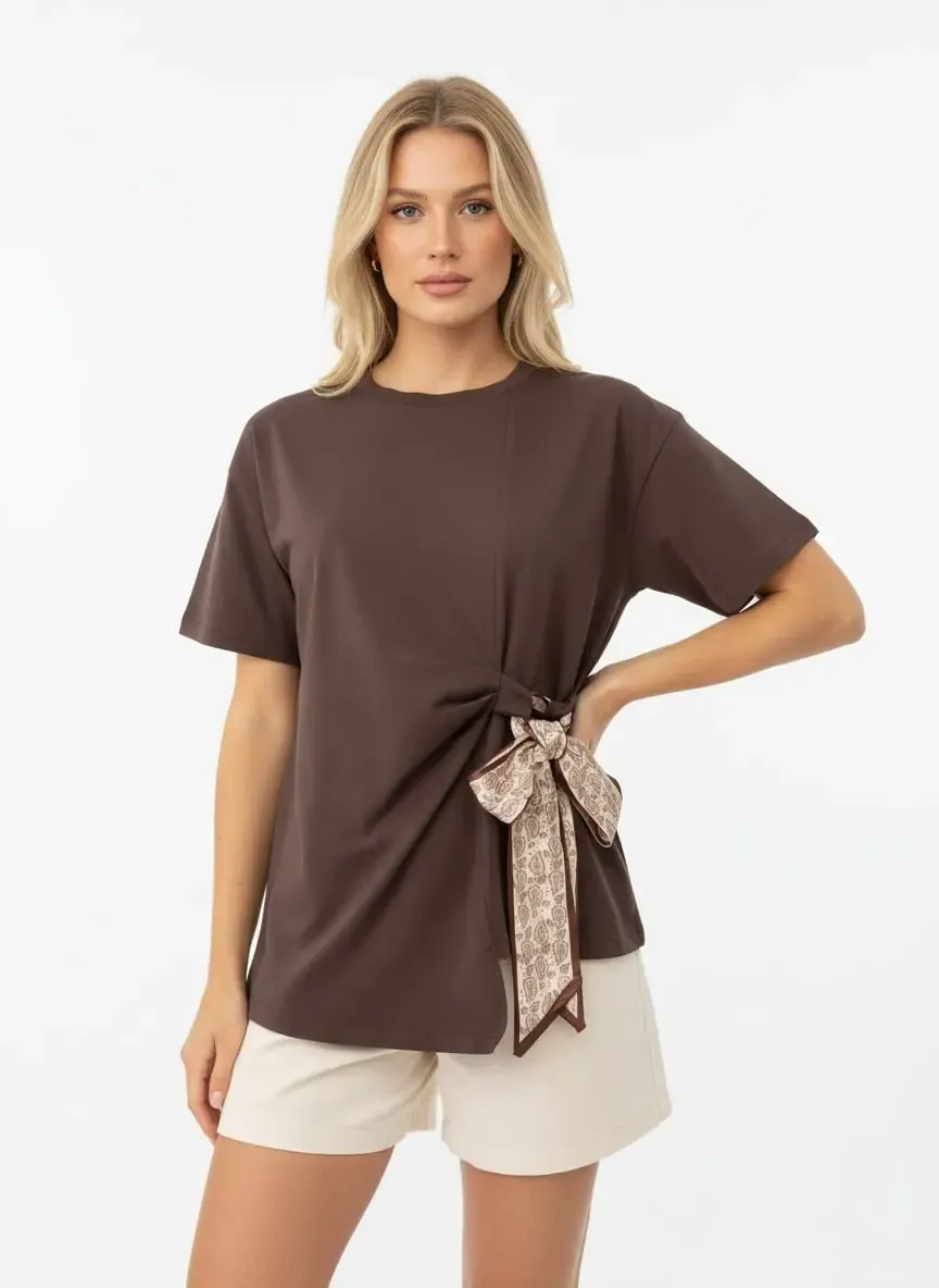 26013 %100 Pamuk Bisiklet Yaka Fular Detay Penye Bluz