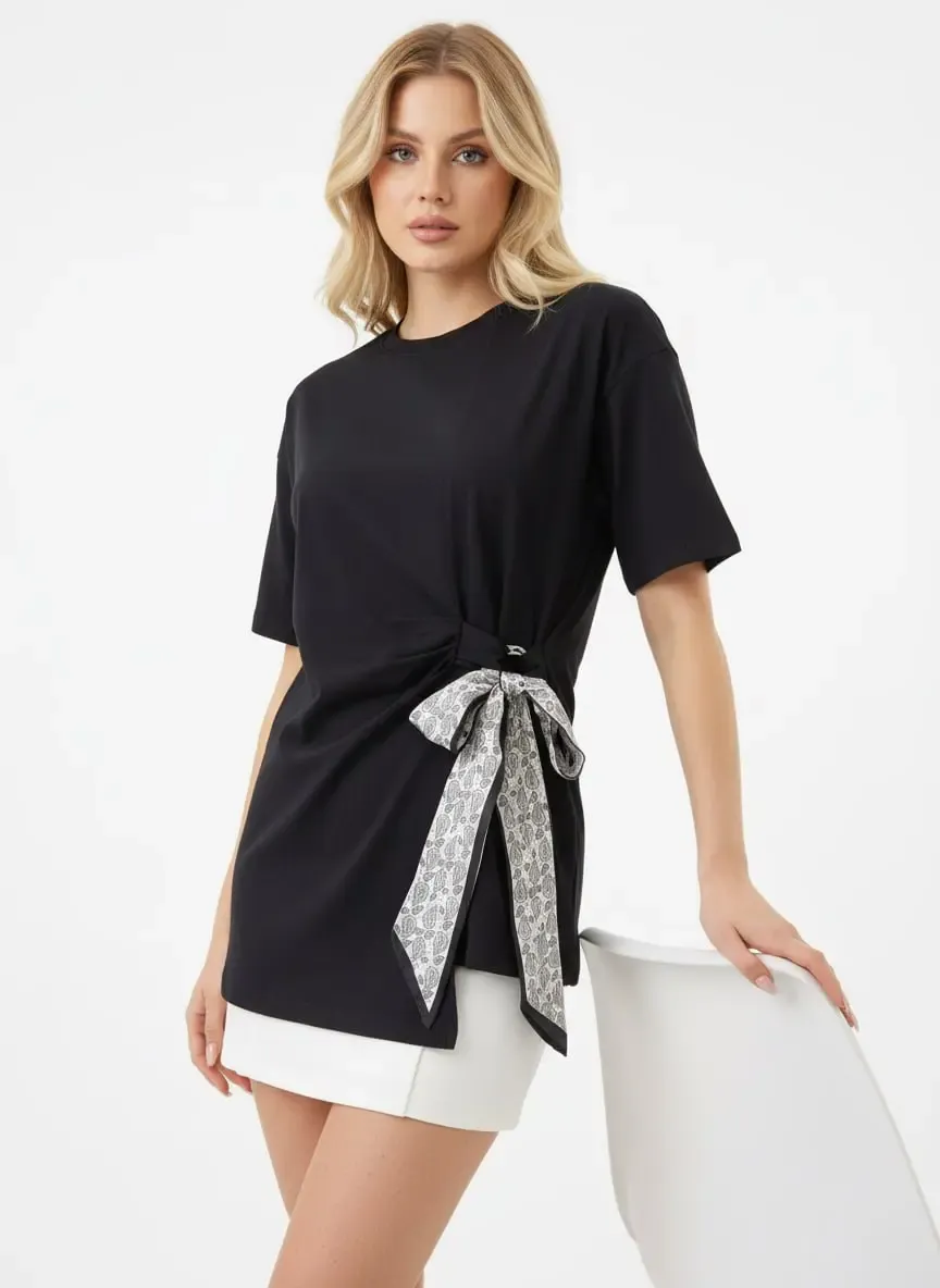 26013 %100 Pamuk Bisiklet Yaka Fular Detay Penye Bluz