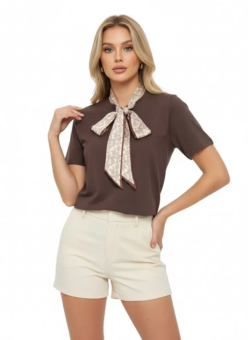 26017 %100 Pamuk Kadın Bisiklet Yaka Fular Detay Penye Bluz