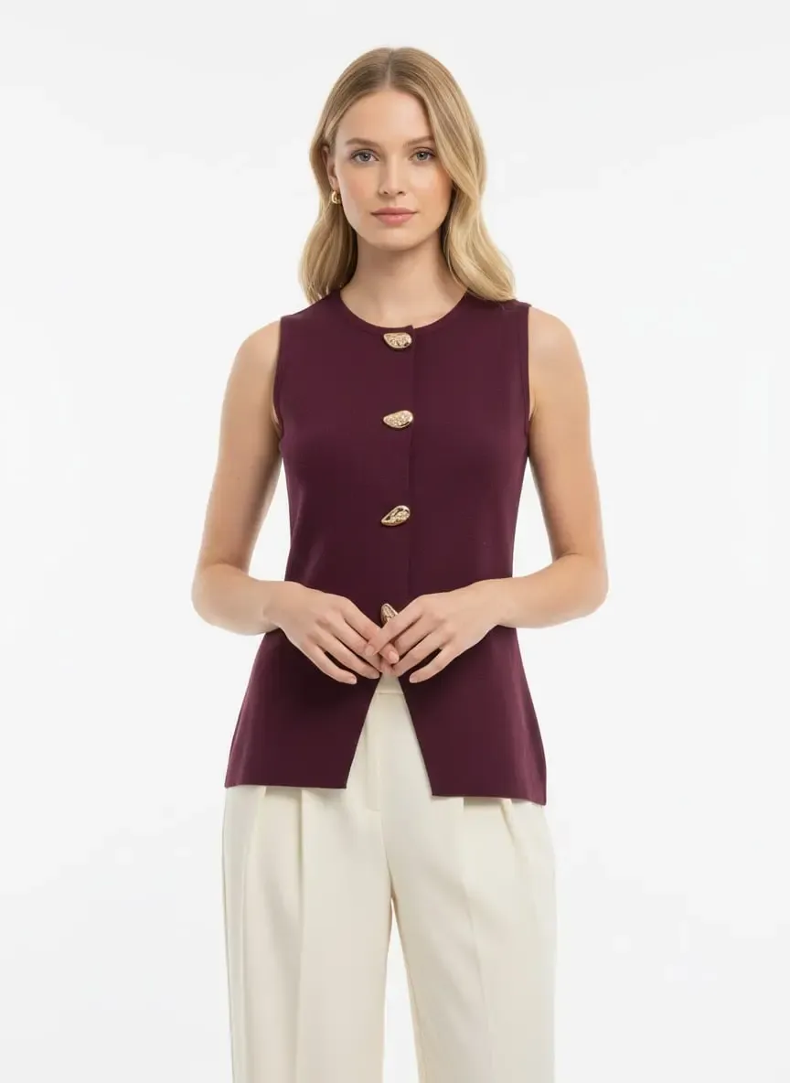 Kadın Bisiklet Yaka Gold Düğme Detay Yeni Sezon Premium İplik Triko Yelek 12422