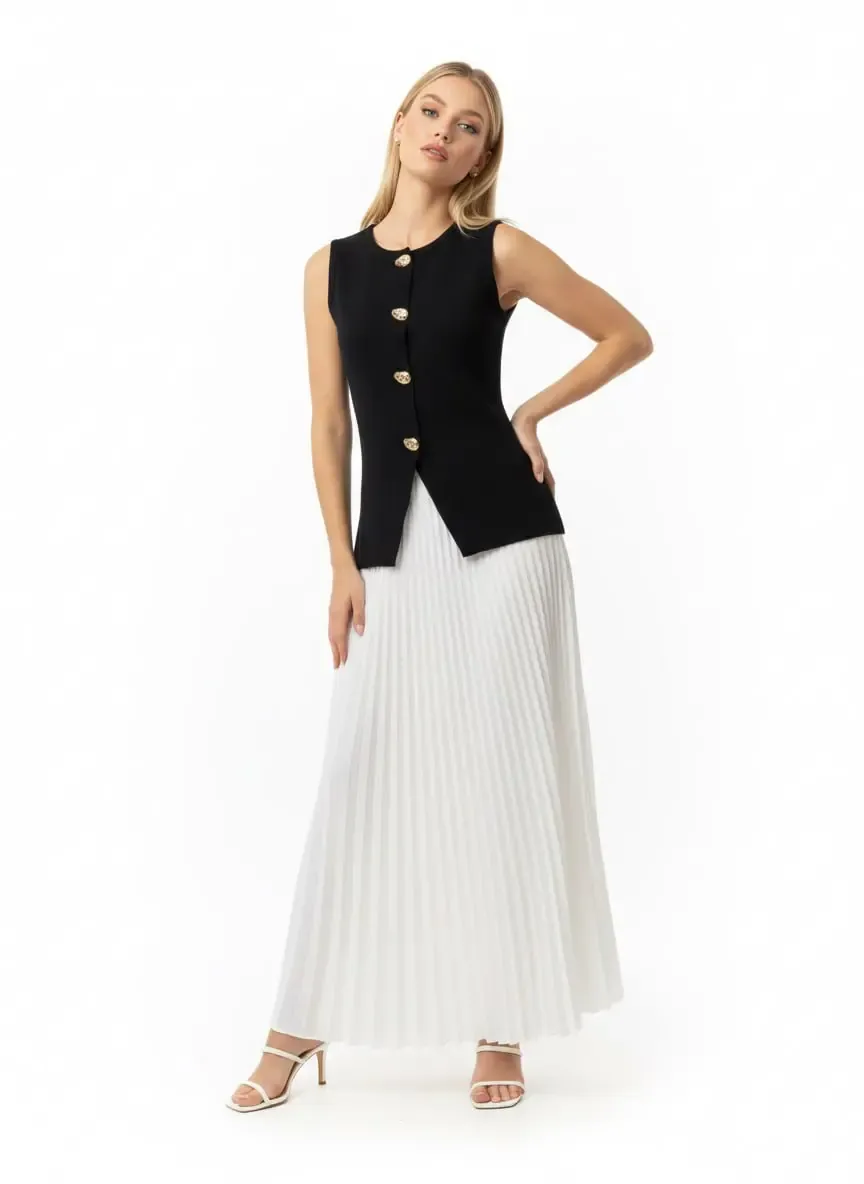 Kadın Bisiklet Yaka Gold Düğme Detay Yeni Sezon Premium İplik Triko Yelek 12422