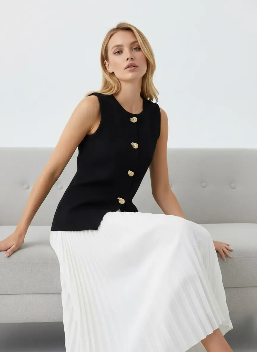 Kadın Bisiklet Yaka Gold Düğme Detay Yeni Sezon Premium İplik Triko Yelek 12422