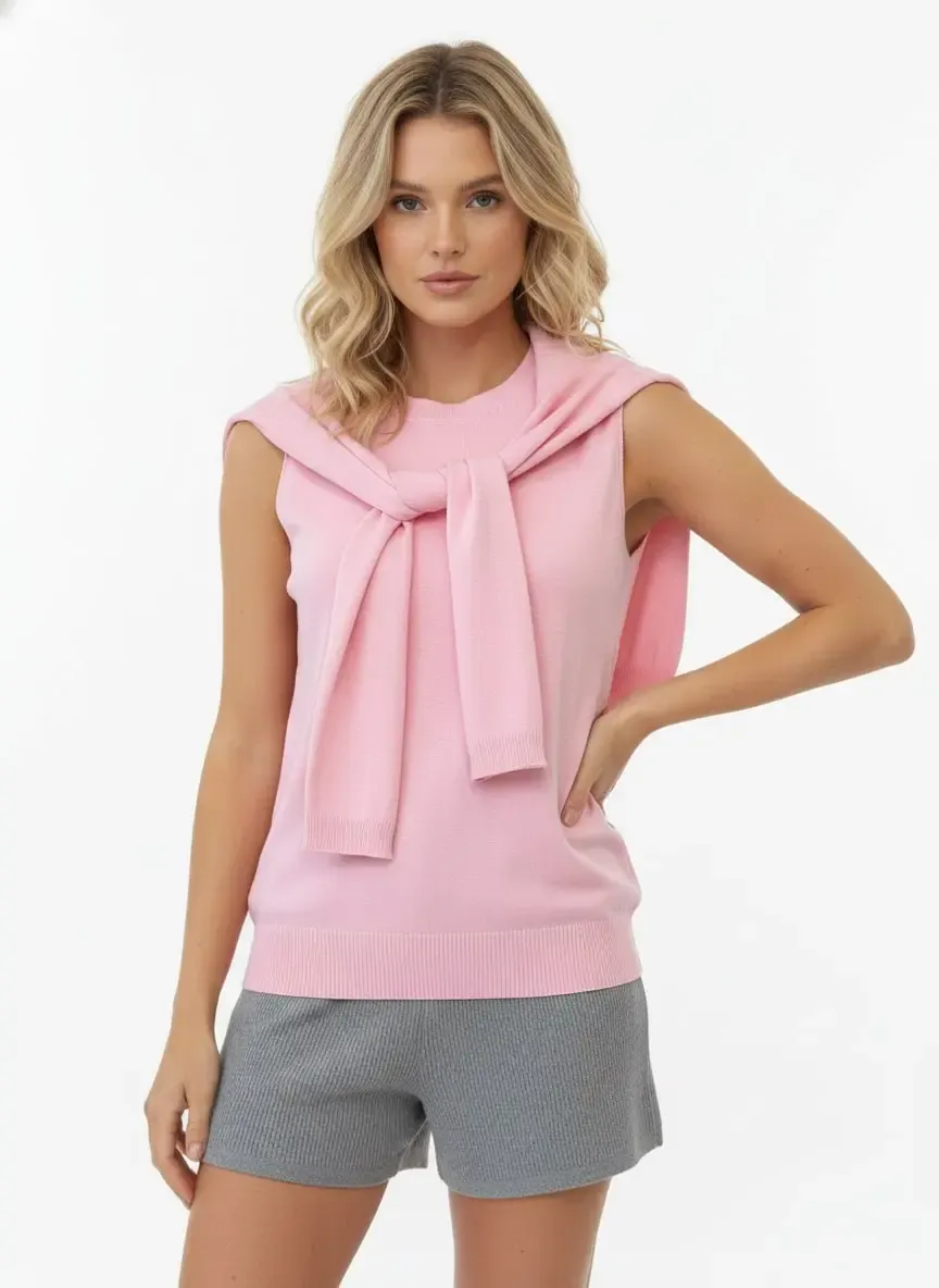 Kadın Bisiklet Yaka Kolsuz Atkılı Viskon Triko Kazak 12473.Vrt